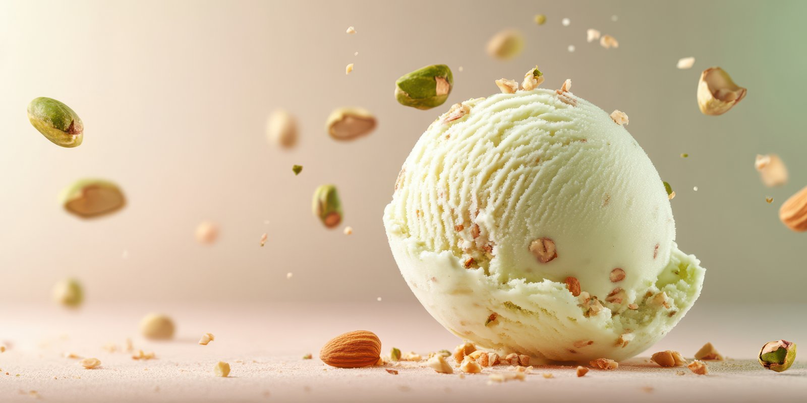 Scoop of pistachio ice cream surrounded by nuts on a warm background